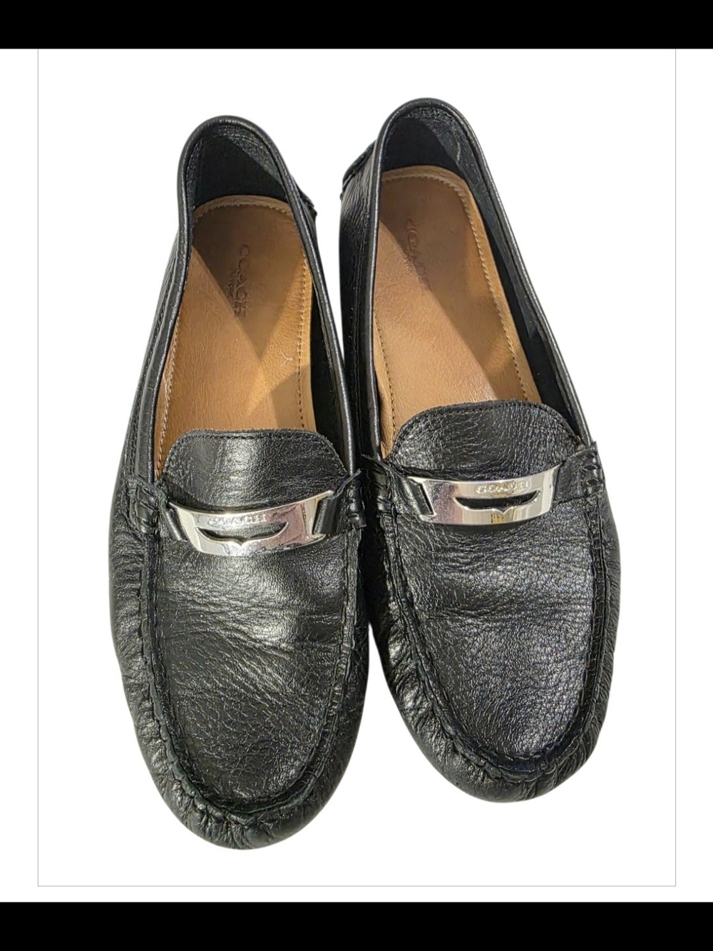 Coach Black Leather Driving Loafers Moccasins Silver Logo Women's Size 6
